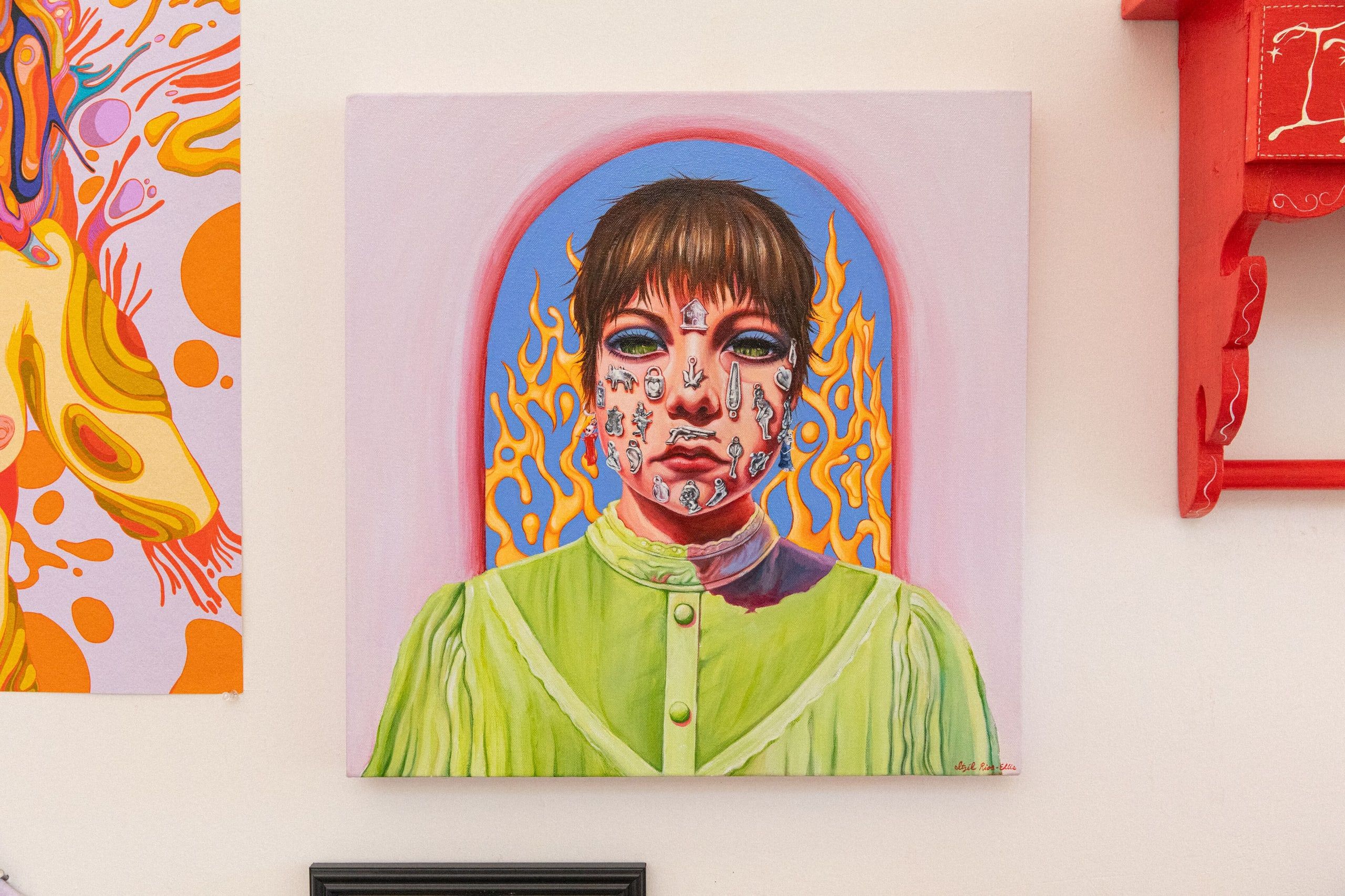 A vibrant portrait painting featuring a young figure with decorative face patterns wearing a bright green jacket against a pink background with orange flame-like motifs.